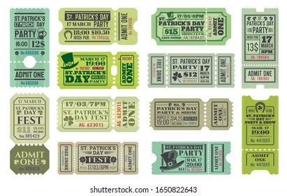 St Patricks Day party ticket vector templates of Irish pub religious holiday celebration. Admit one coupons with shamrock and green beer, leprechaun hats, lucky clover leaves and horseshoes