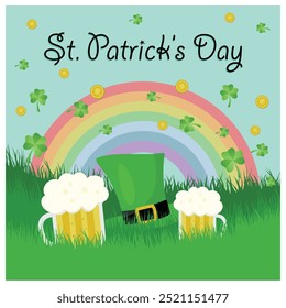 Día de San Patricio con bebida y sombrero. Monedas de oro y hojas de trébol vuelan sobre fondo de arco iris. Concepto del día de San Patricio. Ilustración vectorial plana.