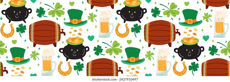 Patrón del Día de San Patricio. Fondo con elementos festivos. Barril de cerveza, sombrero verde, trébol, suerte, olla de oro. Para papel pintado, tarjetas de felicitación, papel de embalaje, diseño de vacaciones. Ilustración vectorial.