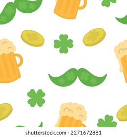 St. patrick's day pattern. Pattern with patrick's coins, beer, clover and mustache. Vector pattern.
