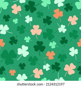 Patrón del Día de San Patrón con rocas de colores. Fondo verde transparente y hojas de trébol. Fondo de fiesta de Saint Patricks. Ilustración plana vectorial.