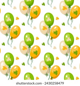 St. Patrick's Day pattern. Group of balloons with clover on a white background. Festive seamless vector ornament for printing on textiles and paper. Suitable for decorating St. Patrick's Day or Spring