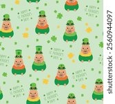 St. Patricks day pattern with a happy capybara. St. Patricks Day background, trefoil, shamrock, patrick