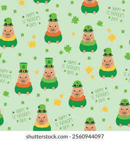 St. Patricks day pattern with a happy capybara. St. Patricks Day background, trefoil, shamrock, patrick's hat.