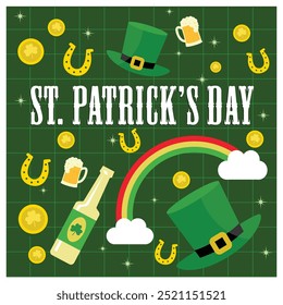 Día de San Patricio con patrón. Sombrero, monedas de oro, hojas de trébol y arco iris sobre fondo verde. Concepto del día de San Patricio. Ilustración vectorial plana.