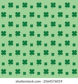 St Patrick's Day pattern. Lucky Four-leaf clover pattern, Green Four leaf clover vector background. Lucky and happiness concept. Shamrock - green four leaf clover wall. Good luck theme design.