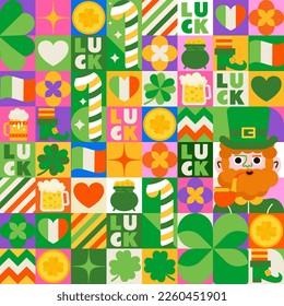 St. Patrick's Day pattern. Modern, detailed with  horseshoe, luck, flag, character, shamrock, gold, leprechaun hat and many more details. This design is sure to make your project interesting!