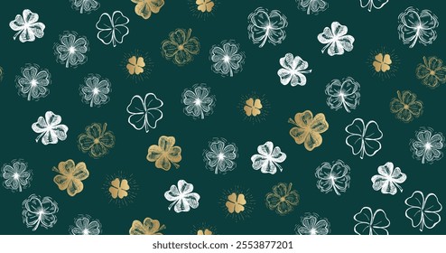 St. Patricks Day pattern on green. Hand drawn illustrations