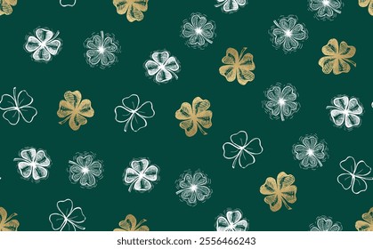 St. Patricks Day pattern on green. Hand drawn illustrations	