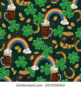 St Patricks Day pattern with scattered shamrock leaves, coins, pot full of gold treasures, golden horseshoes, rainbow on dark background. Vintage style