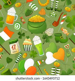 St. Patricks day pattern. Set of elements and different icons in traditional irish colors. St.Patrick's day print whith hand drawn clover, gold coins,irish flag, ale, leprechaun, pot of gold, beer.