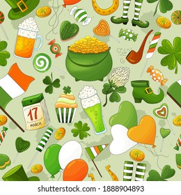 St. Patricks day pattern. Set of elements and different icons in traditional irish colors. St.Patrick's day print whith hand drawn clover, gold coins,irish flag, ale, leprechaun, pot of gold, beer.