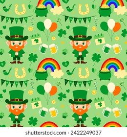 St. Patricks day pattern with Shamrock, leprechaun, clover, rainbow, March 17th, hat