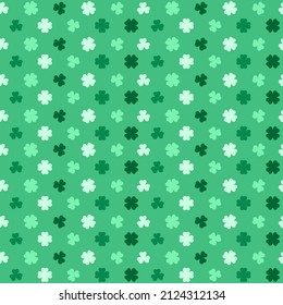 St Patricks Day pattern with shamrocks. Seamless green background and clover leaves. Saint Patricks holiday party backdrop. Vector flat illustration.