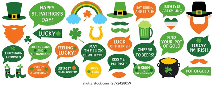 St. Patrick's Day photo booth party props clip art, leprechaun hats, shamrocks, pot of gold, speech bubbles with Irish-themed greetings