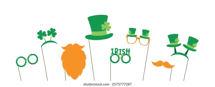 St Patrick's Day photo props, red beard, mustache, green hat, sunglasses with shamrocks, vector design elements