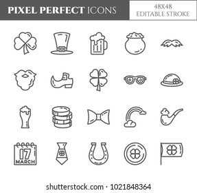 St. Patrick's Day pixel perfect icons set with different holiday symbols and celebrating elements. Isolated 48x48 pixels pictograms vector illustration with editable stroke.
