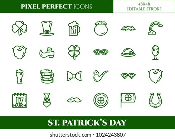 St. Patrick's Day pixel perfect green icons set with different holiday symbols and celebrating elements. Isolated 48x48 pixels pictograms vector illustration with editable stroke.