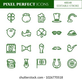 St. Patrick's Day pixel perfect icons set with different holiday symbols and celebrating elements. Isolated 48x48 pixels pictograms vector illustration with editable stroke.