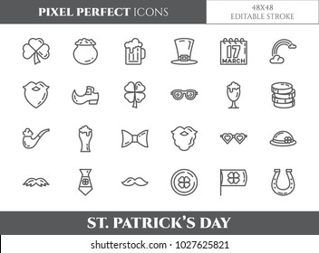 St. Patrick's Day pixel perfect icons set with different holiday symbols and celebrating elements. Isolated 48x48 pixels pictograms vector illustration with editable stroke.
