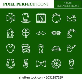 St. Patrick's Day pixel perfect icons set with different holiday symbols and celebrating elements. Isolated 48x48 pixels pictograms with editable stroke vector illustration.
