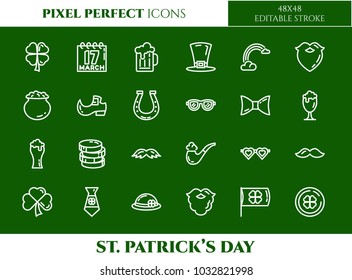 St. Patrick's Day pixel perfect icons set with different holiday symbols and celebrating elements. Isolated 48x48 pixels pictograms vector illustration with editable stroke.