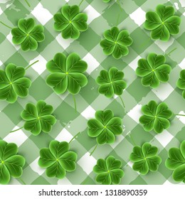 St Patricks Day Plaid pattern of realistic Clover leaves. Green Shamrock grass wallpaper for holidays design. Lucky flower striped texture for Irish festival. Scottish ornament. Vector illustration