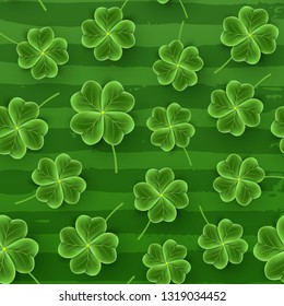 St Patricks Day Plaid pattern of realistic Clover leaves. Green Shamrock grass wallpaper for holidays design. Lucky flower striped texture for Irish festival. Scottish ornament. Vector illustration