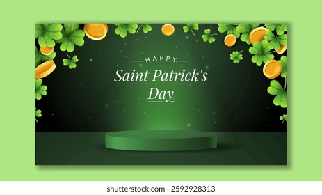 St. Patricks Day podium. Place for advertising and marketing. Traditional Irish holiday or festival. Celtic pedestal. Isometric vector illustration isolated on green background