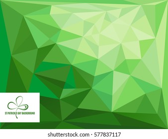 St Patrick's Day polygonal abstract background for your holiday design. Green creative geometric polygon texture and shamrock line icon isolated on white. Vector illustration.