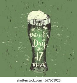 St. Patrick's Day Postcard with beer and lettering. Sketch, hand drawn. Vector design