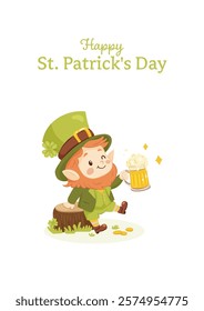 St. patricks day. A postcard of a cute leprechaun with a beer.