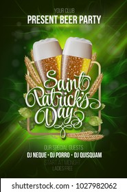 St. Patrick's Day poster. Beer party green background with calligraphy sign and two yellow beer glasses. Vector illustration