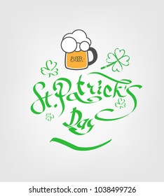 St. Patrick's Day poster. Beer party  with calligraphy sign and yellow beer glass. Vector illustration