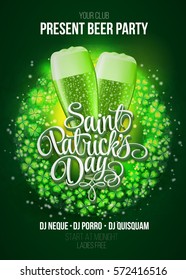 St. Patrick's Day poster. Beer party green background with calligraphy sign and two green beer glasses in frame with ears of wheat and hop. Vector illustration