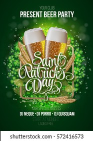 St. Patrick's Day poster. Beer party green background with calligraphy sign and two yellow beer glasses. Vector illustration