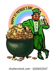 St Patricks Day poster. Cartoon Leprechaun character holding beer mug leaning on pot full of gold coins on rainbow background. Hand drawn sketch vector illustration isolated on white.