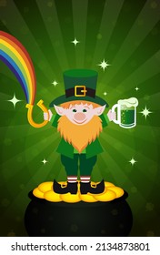 St. Patrick's Day Poster. Cartoon happy leprechaun waving hands. Leprechaun presenting luck and beer.