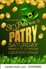  St. Patrick's Day poster with clover and falling coins. Vector illustration 