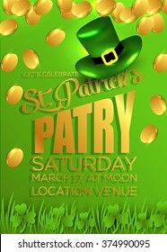  St. Patrick's Day poster with clover and falling coins. Vector illustration 