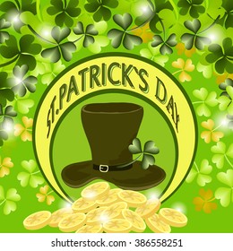 St. Patrick's Day poster with clover and falling coins. Vector illustration