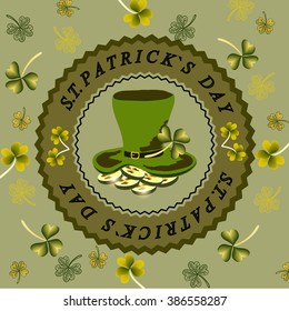 St. Patrick's Day poster with clover and falling coins. Vector illustration