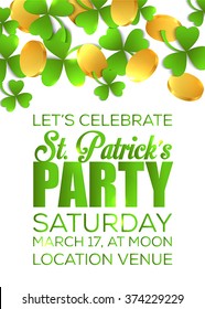 St. Patrick's Day poster with clower and falling coins. Vector illustration