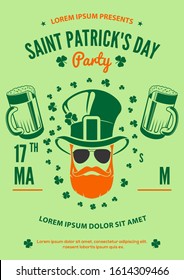 St. Patrick's day poster design template with hipster Leprechaun. Vector illustration