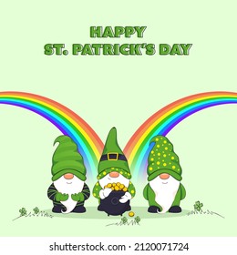 St. Patrick's Day Poster Design With Cartoon Gnomes Wearing Leprechaun Hat, Golden Coins In Cauldron And Rainbows On Pastel Green Background.