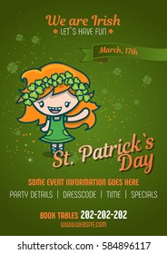 St. Patrick`s Day poster design with kawaii Irish girl