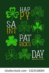St. Patrick's day poster with doodle shamrocks. Hand drawn illustration with greeting for your design.