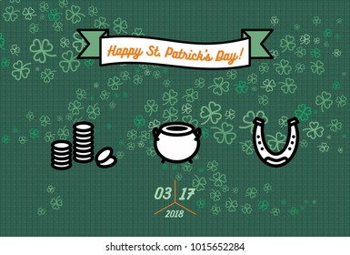 St Patrick's day poster. Flat vector green orange poster Happy Saint Patricks day parade. Illustration clover, hipster flat elements poster, postcard, flyer, banner parade, beer party, bar, irish pub.