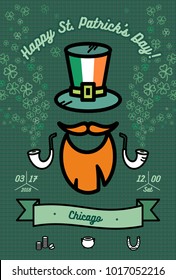 St. Patrick's day poster. Flat vector poster for saint Patrick's day to parade in Chicago. Illustration with hipster flat elements for poster, postcard, flyer, banner for parade, party, bar, irish pub