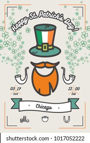 St. Patrick's day poster. Flat vector poster for saint Patrick's day to parade in Chicago. Illustration with hipster flat elements for poster, postcard, flyer, banner for parade, party, bar, irish pub